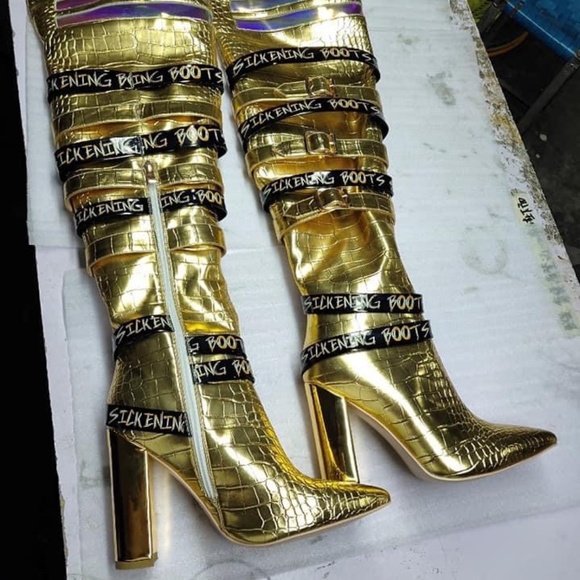 Gold Knee High Leather Boots - Picture 4 of 4